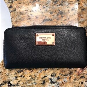 Michael Kors Black Leather Zip Wallet with Rose Gold Plate